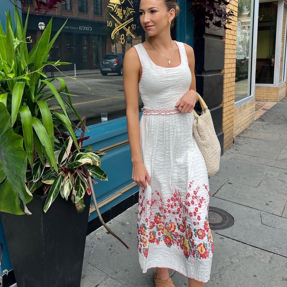 MAX EDITION Jacquard Stretch-Bodice Smock Midi Dress Sleeveless White/floral